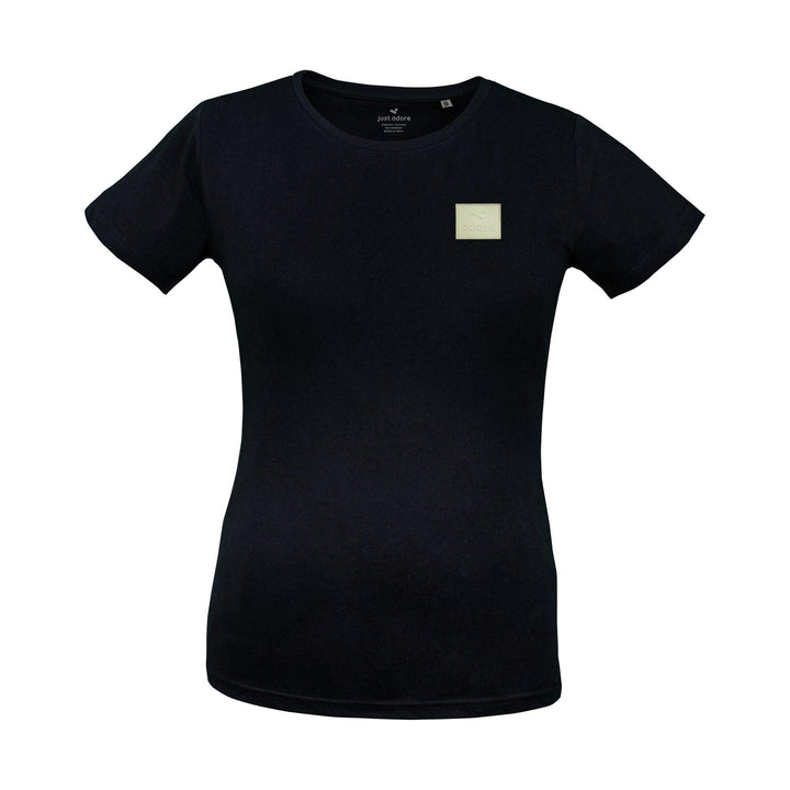 Adore Leather Badge Organic Cotton Tee - Just Adore - Black Tshirt for women with leather badge embroidery brand logo on the left chest