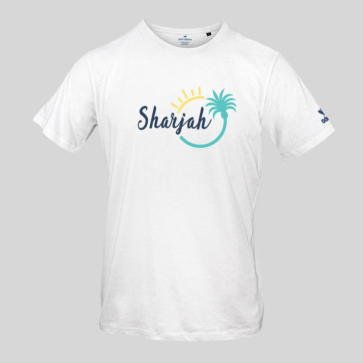 Sharjah Organic Cotton Tshirt - Just Adore - White tshirt with Blue color Sharjah logo printing with palm tree it is slim fit tshirt with organic cotton fabric and casual wear for men