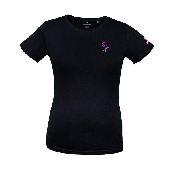 Flamingo Organic Cotton Tee Women - Just Adore - Black Crew Neck Women tee with Flamingo on the left chest with glitter print and logo on the left sleeve with 3D print