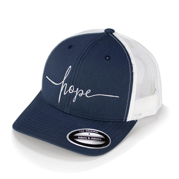Hope Cap - Just Adore - Navy and white trucker cap with hope 2D embroidery on the front  and unisex cap