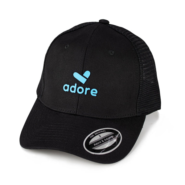 Adore 3D Cap - Just Adore Black Cap with Sky Blue logo  and adore writing at the front 6 Panel Cap Curved Visor