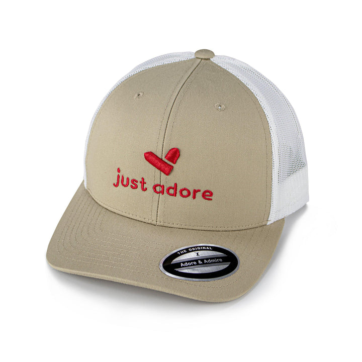 Just Adore 3D Cap - Beige and White unisex cap with red Just Adore logo in 3D embroidery poly cotton fabric and mesh fabric at the back cap for man and women
