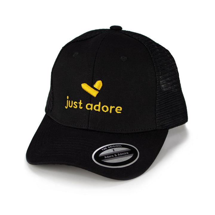 Just Adore 3D Cap - Black unisex cap with yellow Just Adore logo in 3D embroidery poly cotton fabric and mesh fabric at the back cap for man and women