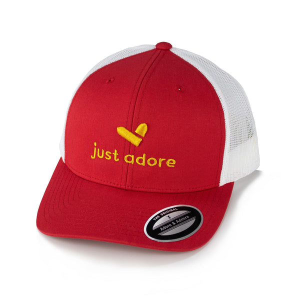Just Adore 3D Cap - Red and White unisex cap with yellow Just Adore logo in 3D embroidery poly cotton fabric and mesh fabric at the back cap for man and women