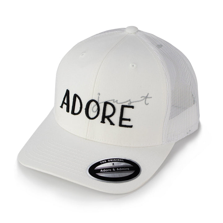 Just Adore Cap - White unisex cap with black Just Adore logo in calligraphy writing 3D embroidery poly cotton fabric and mesh fabric at the back cap for man and women